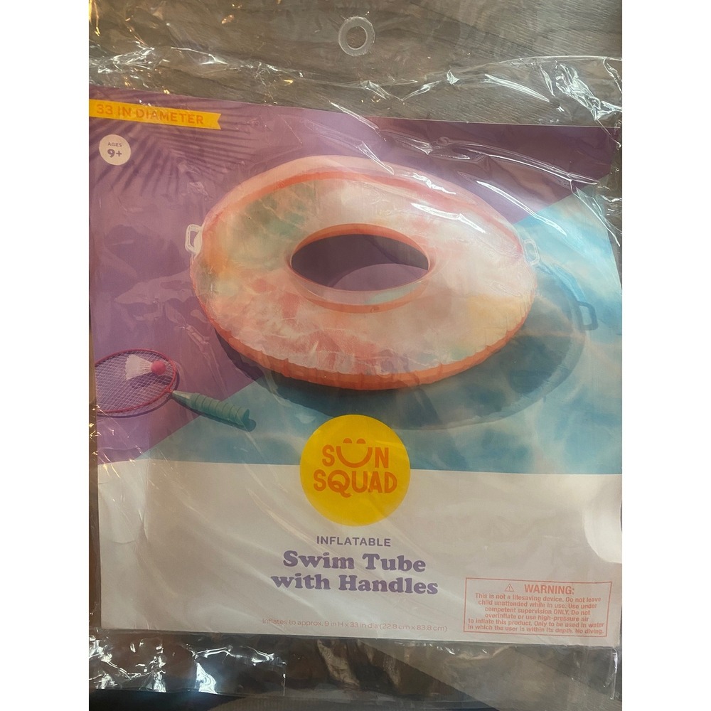 Sun Squad Inflatable Swim Tube with Handles Tie Dye (9 x33 Inch) Ages 9+/NWT
